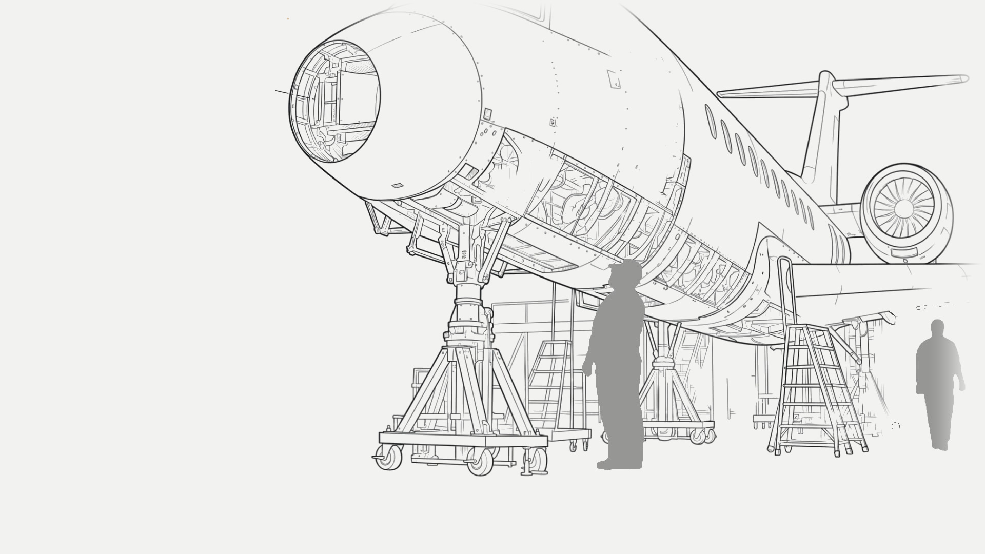 General arrangement drawing: an aircraft on its stands, drawn in fine line on white